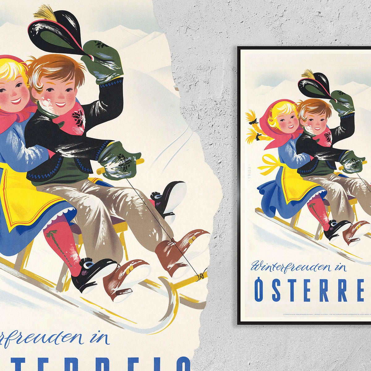 Hi-Res-Druck - A4, A3...20x30 Zoll... Bergwinter, Winterfreuden in Österreich, Austria Luge Ski, 1952, Vintage Wintersport-Poster