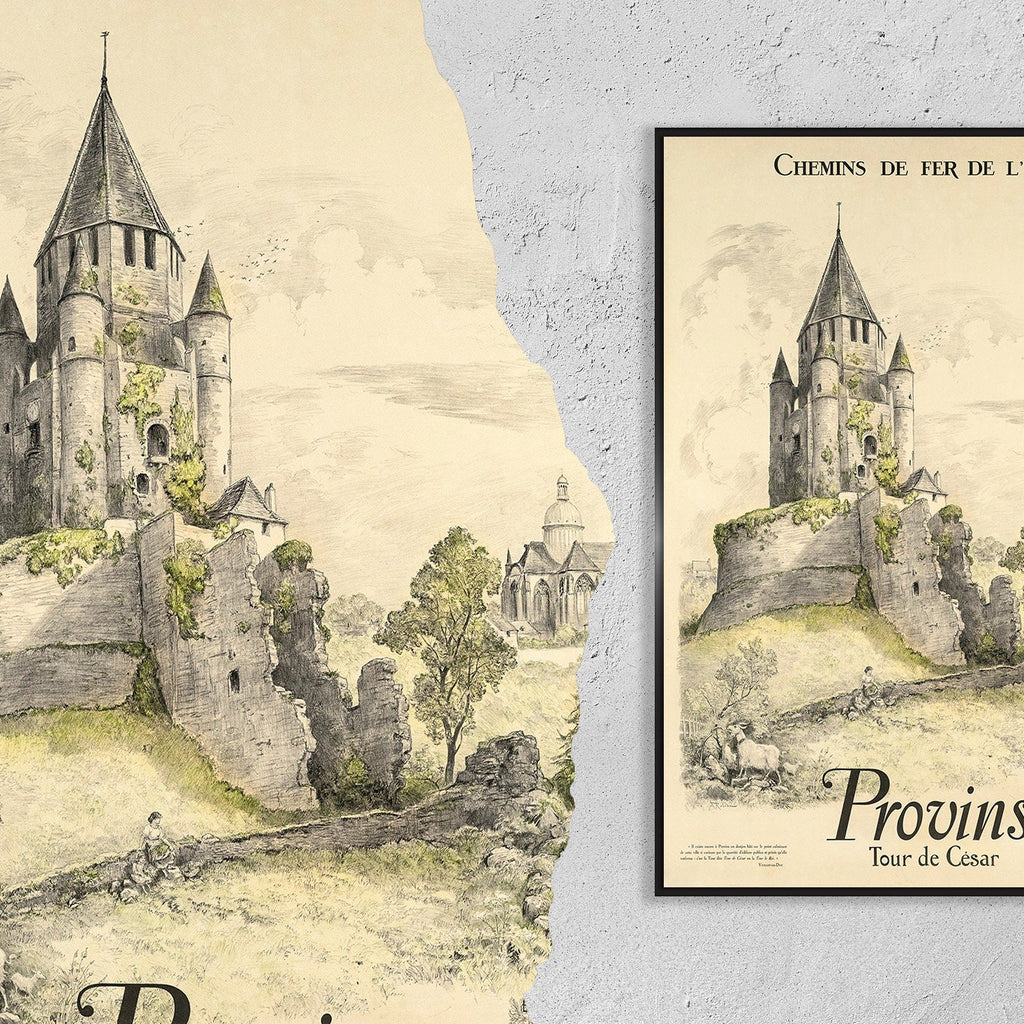 Hi-Res Print - A4, A3...20x30 Zoll... Frankreich, Île-de-France Provins, Tour de César, Chemins de Fer de l'EST, 1925 - Vintage-Reiseposter