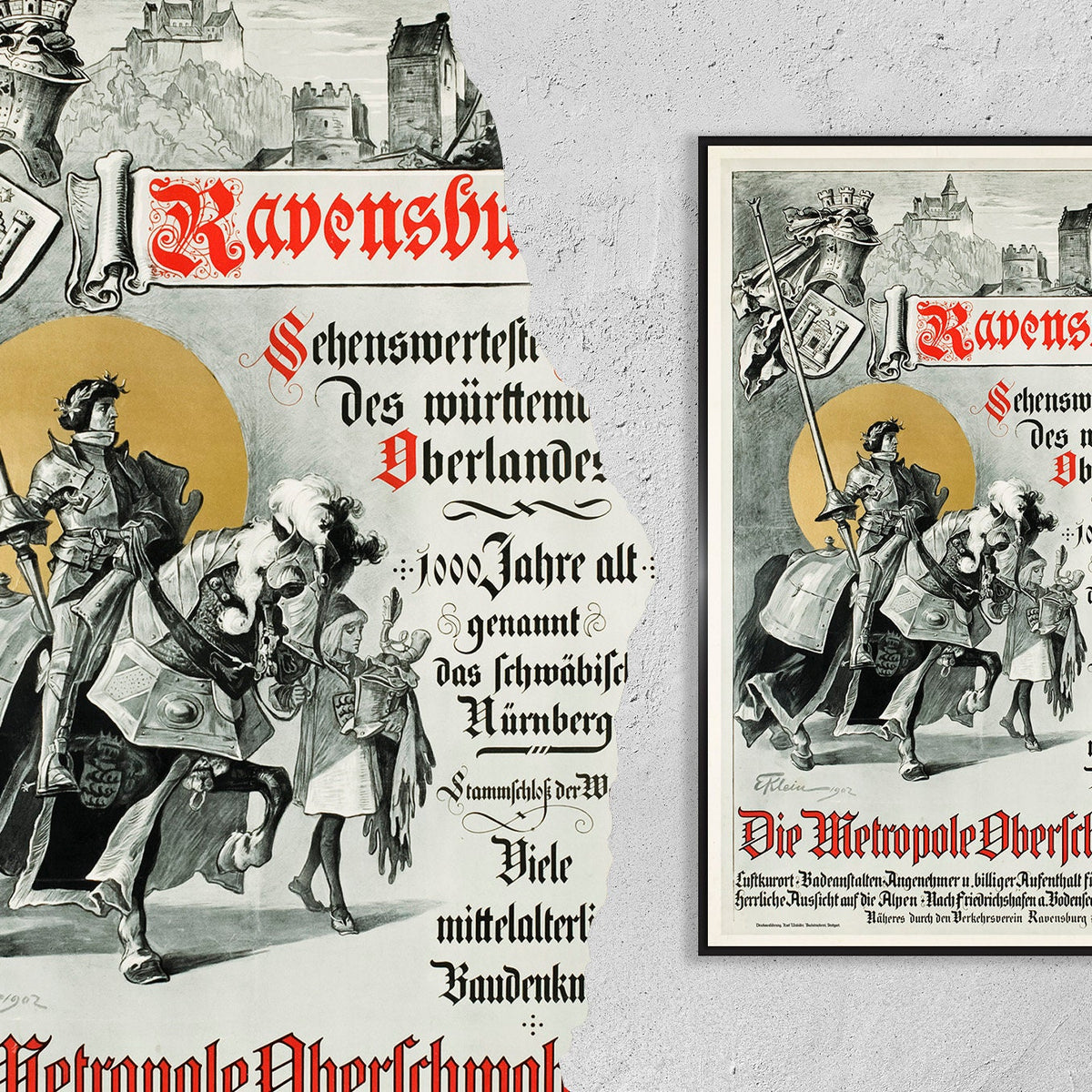 Vintage Kunstdruck-Poster - A4, A1...20x30 Zoll.. Deutsches Poster, Ravensburg, Die Metropole Oberschwabens, 1902, Vintage Print Poster