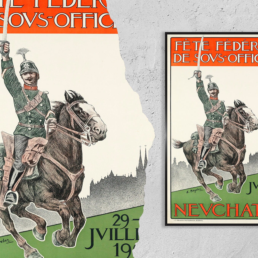 Vintage Kunstdruckposter - A4, A1...20x30 Zoll.. Eidgenössisches Unteroffiziersfest Neuchâtel, Kanton Schweiz, 1905 - Militärposter