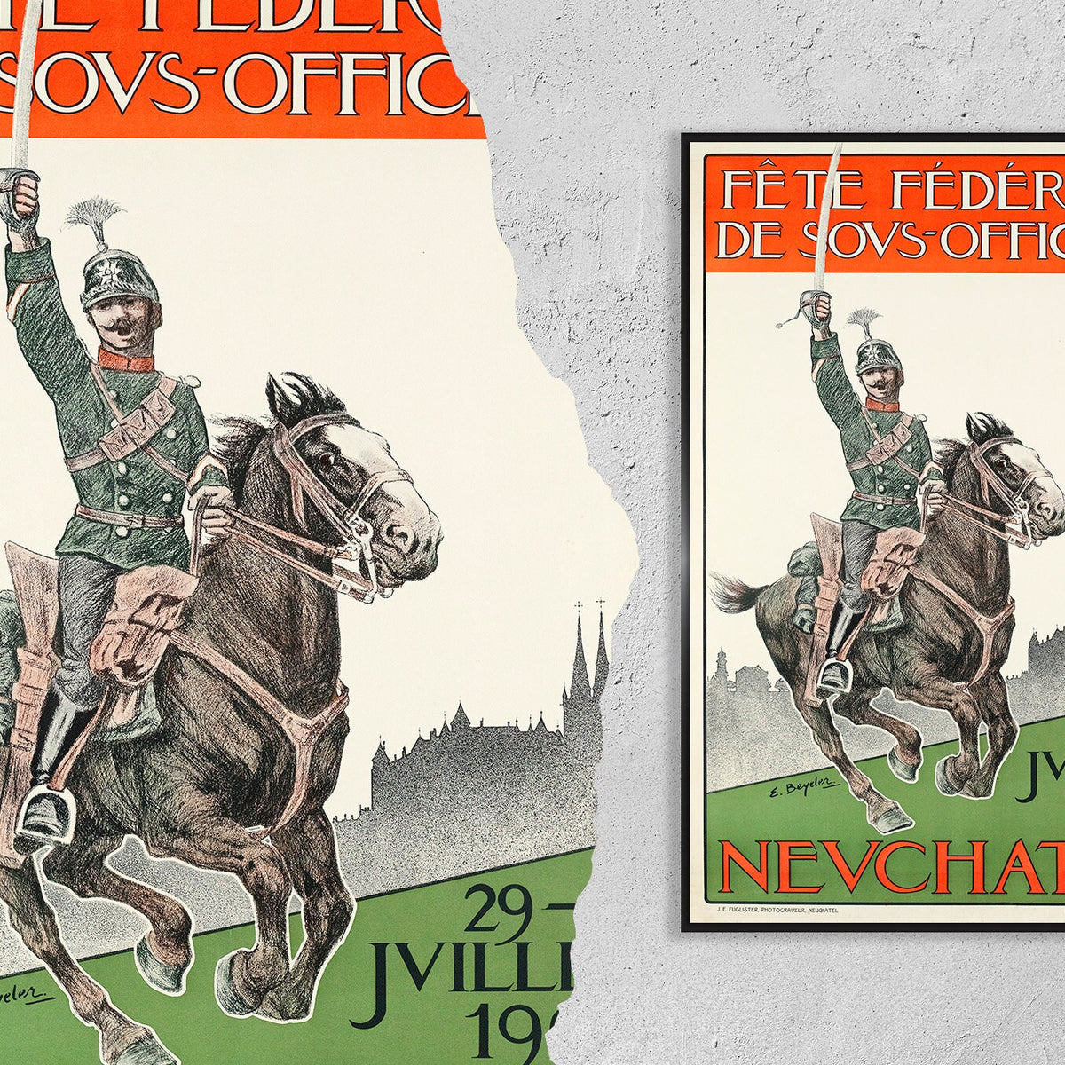Vintage Kunstdruckposter - A4, A1...20x30 Zoll.. Eidgenössisches Unteroffiziersfest Neuchâtel, Kanton Schweiz, 1905 - Militärposter