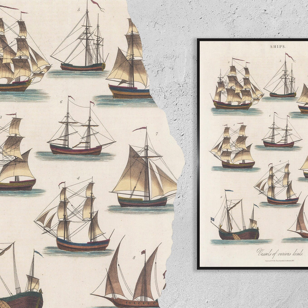 Poster Vintage Kunstdruck - A4, A2...18x27 Zoll... Schiffskonfigurationen nach Masten, John Wilkes, Encyclopaedia Londinensis, 1828 - Schiffs-Kunstdruck