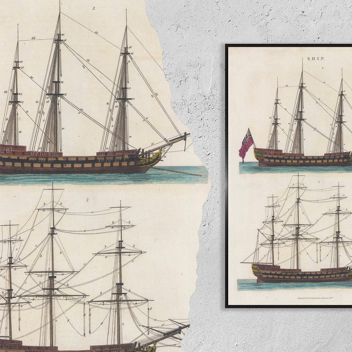 Vintage Kunstplakat - A4, A2... 18x27 Zoll... Schiffskonfigurationen Takelage, John Wilkes, Encyclopaedia Londinensis, 1828 - Schiffsdruck