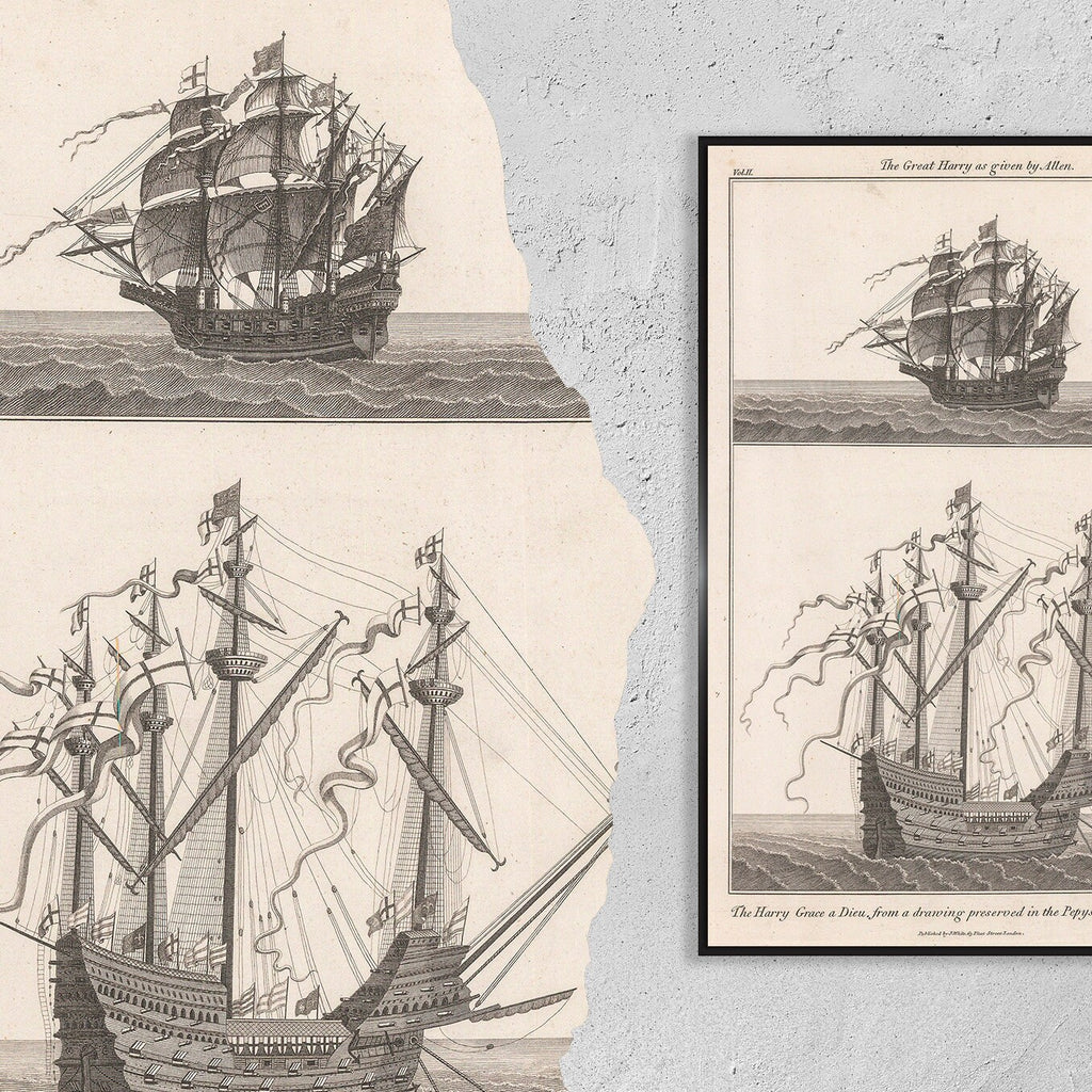 Vintage Kunstdruckposter – A4, A2...18x27 Zoll... Navy Harry Grace A Dieu Oder Great Harry, John Charnock, 1802 – Vintage Schiff Boot Druck
