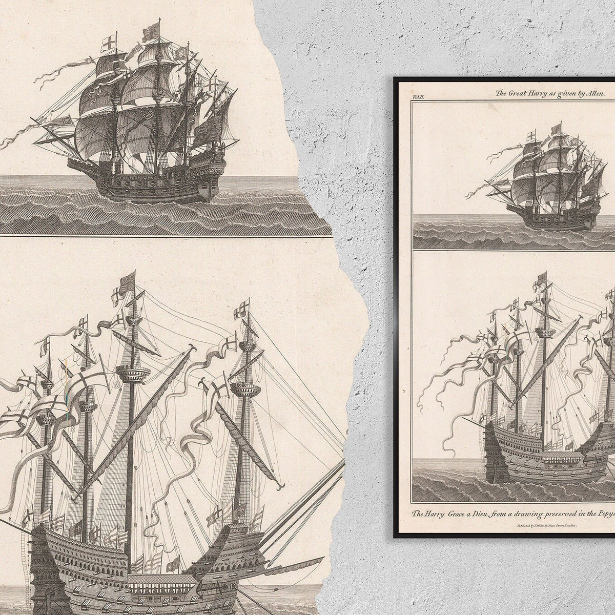 Vintage Kunstdruckposter – A4, A2...18x27 Zoll... Navy Harry Grace A Dieu Oder Great Harry, John Charnock, 1802 – Vintage Schiff Boot Druck
