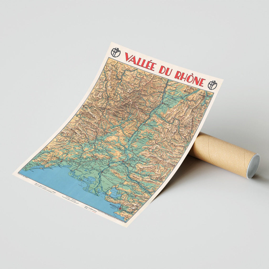 Kunstdruck-Poster im Vintage-Stil – A4, A1... 20x30 Zoll... Vallee Du Rhone 1930, Jean Dollfus. – Landkartendruck im Vintage-Stil