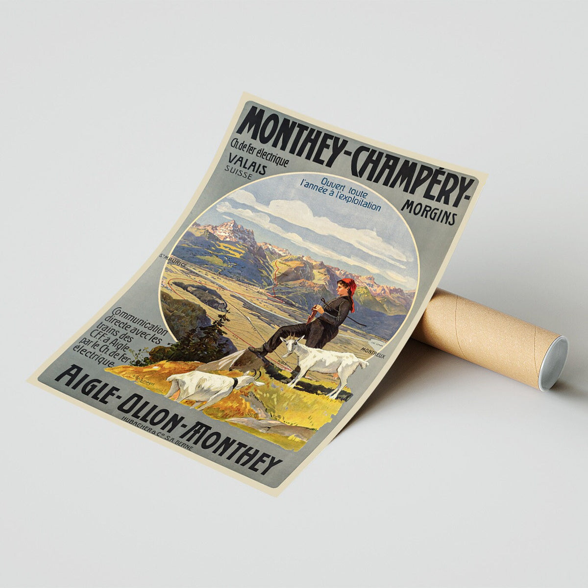 Vintage Kunstdruckposter - A4, A1...20x30 Zoll... Poster für die A.O.M.C. Eisenbahn, Monthey Champéry Morgins, Aigle Ollon Monthey, 1908