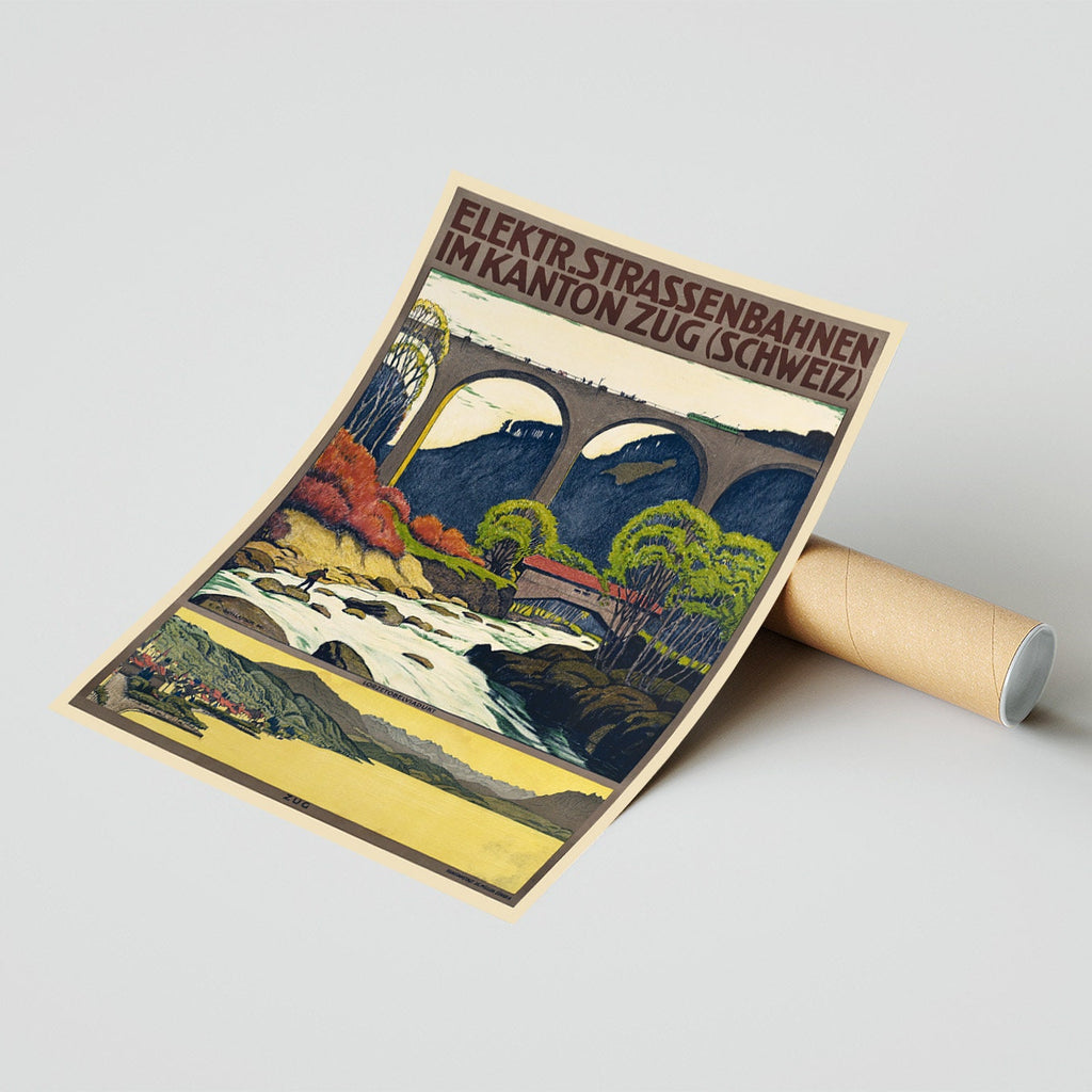 Hochauflösender Druck - A4, A3...20x30 Zoll... Elektrische Strassenbahnen im kanton Zug, Schweiz, J.C. Müller, Zürich, 1914 - Vintage Reiseplakat