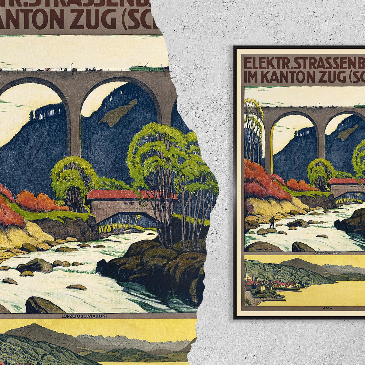Hochauflösender Druck - A4, A3...20x30 Zoll... Elektrische Strassenbahnen im kanton Zug, Schweiz, J.C. Müller, Zürich, 1914 - Vintage Reiseplakat