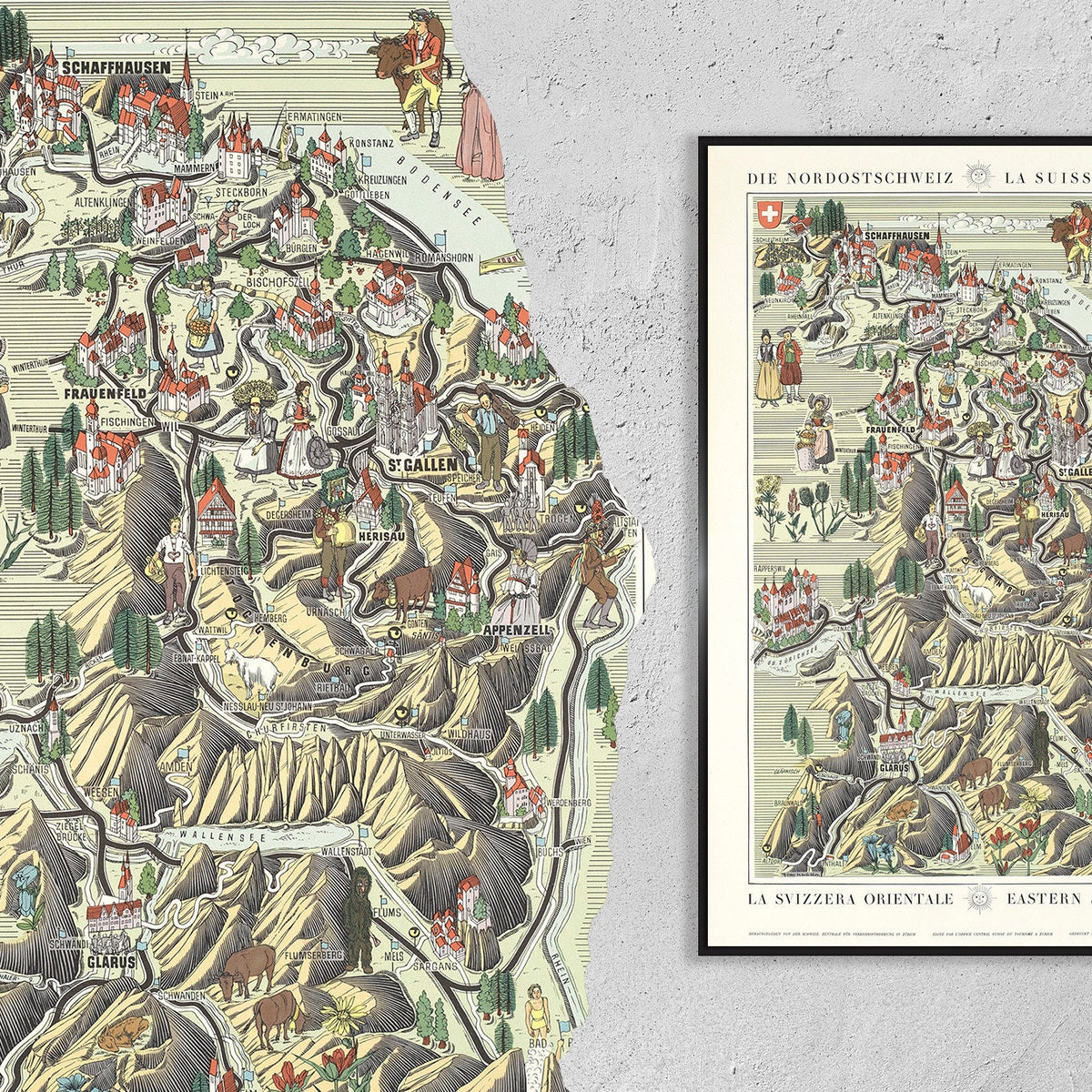 Hi-Res Print - A4, A3...20x30 Zoll... La Suisse, Ostschweiz, Schaffhausen St.Gallen Appenzell, 1939 - Vintage Landkarten Poster