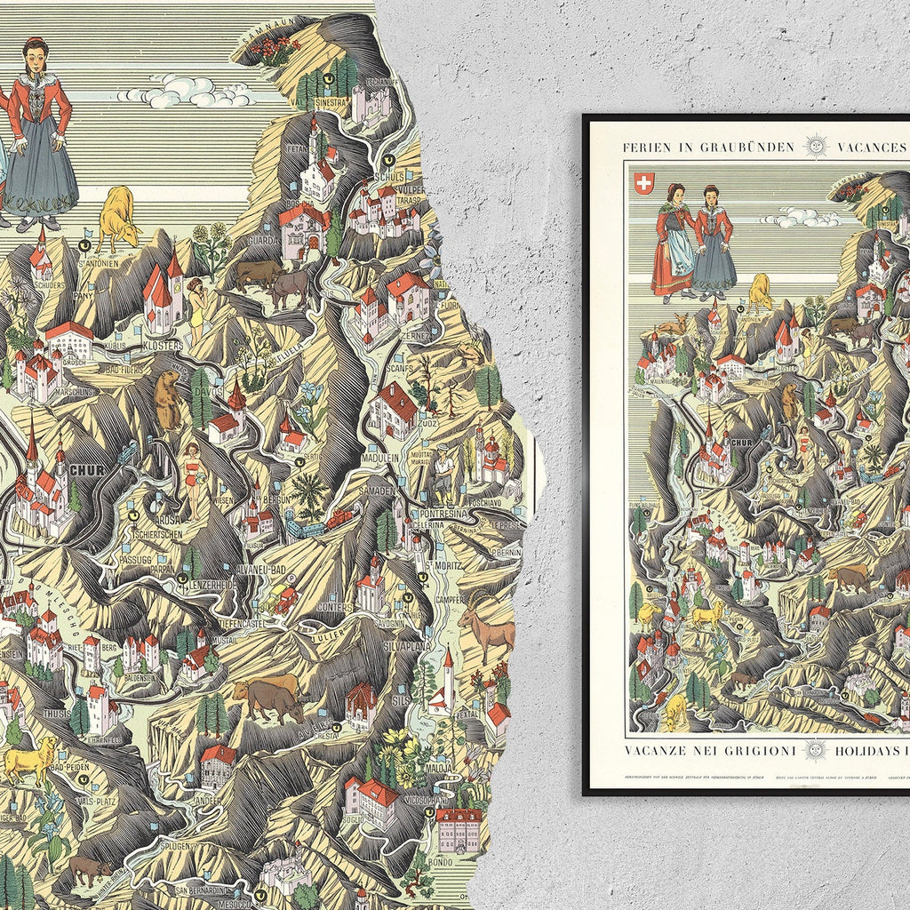 Vintage Fine Art Poster - A4, A1...20x30 Zoll... Vacances aux Grisons, Engadin St.Moritz Pontresina Otto M. MÜLLER, 1939 - Kartendruck