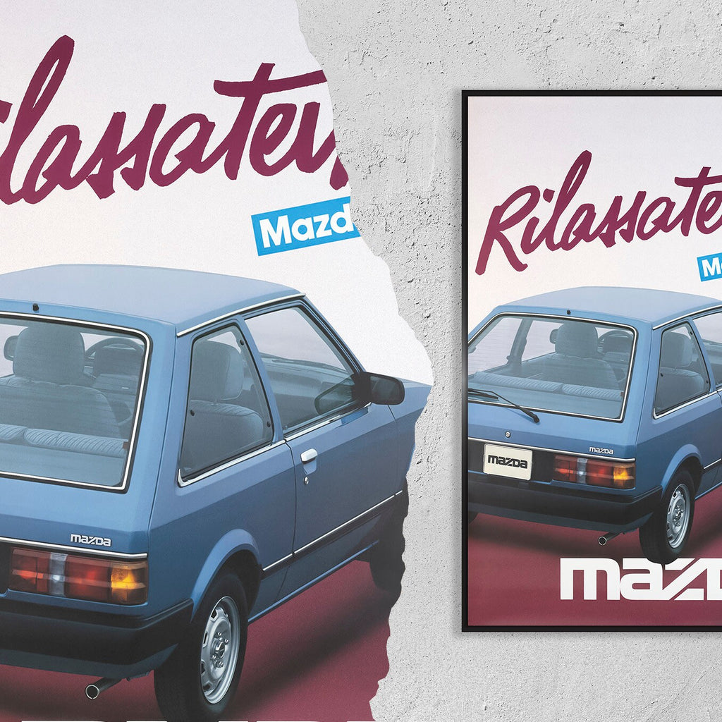 Hochauflösender Druck - A4, A3...20x30 Zoll... Mazda 323, Rilassatevi, 1985 - Auto-Werbeplakat