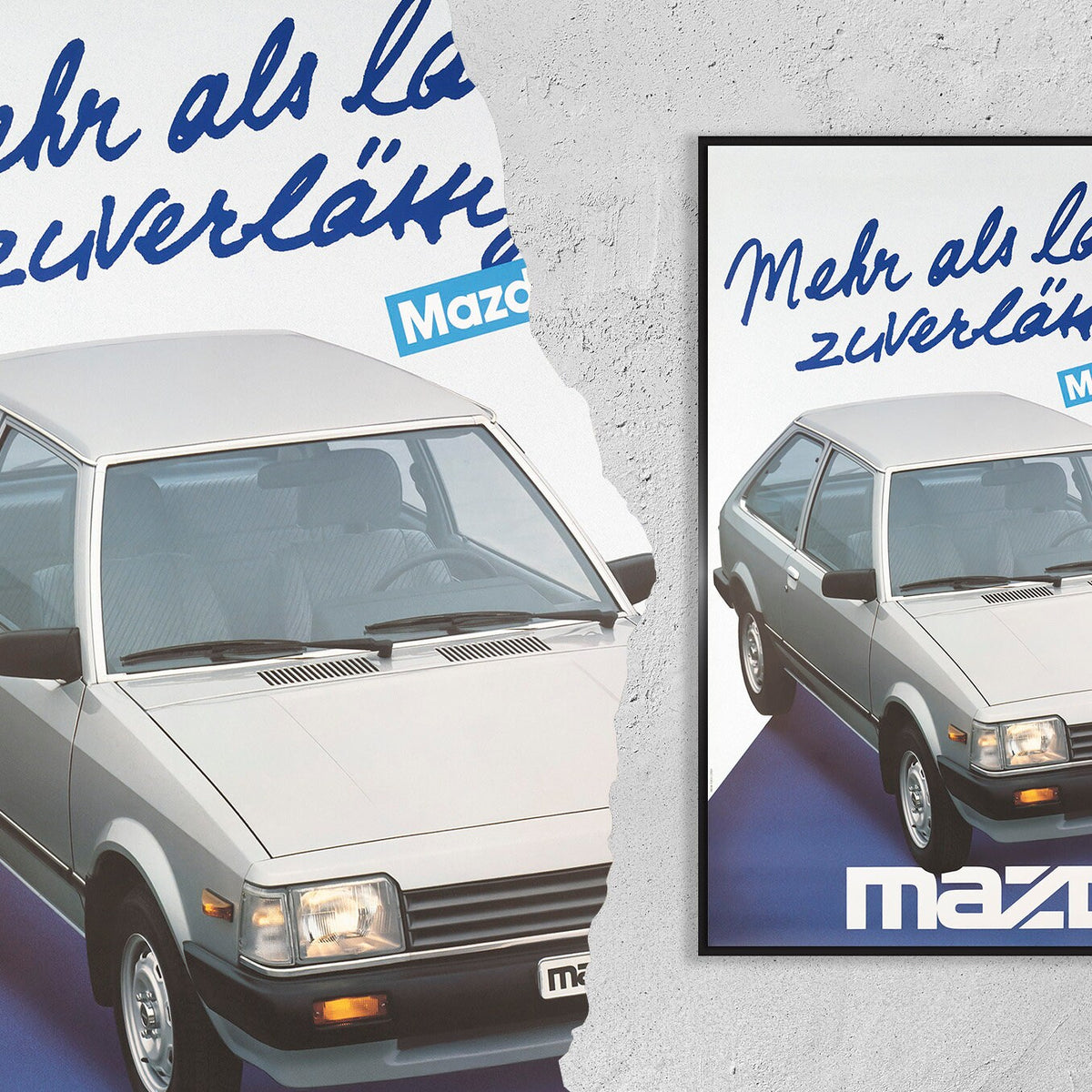 Hochauflösender Druck - A4, A3...20x30 Zoll... Mazda 323, Mehr als lässig zuverlässig, 1985 - Auto-Werbeplakat