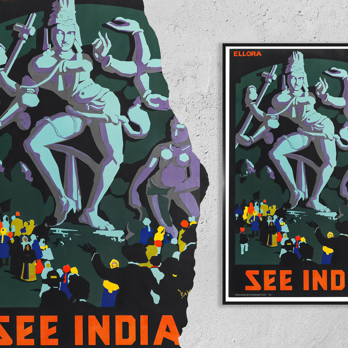 Vintage Fine Art Poster – A4, A1... 20x30 Zoll... Ellora, See India – Vintage Reise-Kunstdruck