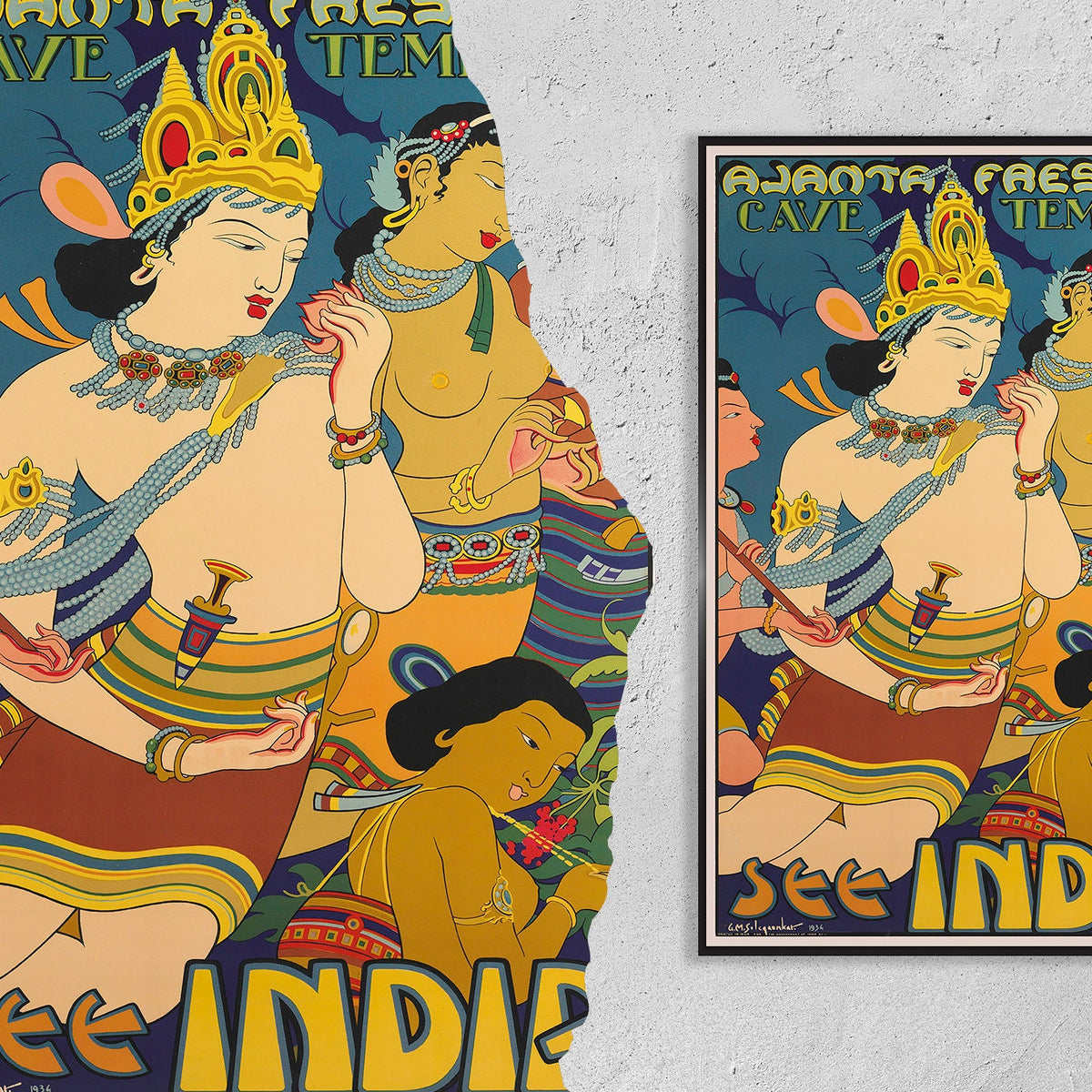 Vintage Fine Art Poster - A4, A1...20x30 inch... Cave Temples, See India - Vintage Reiseplakat