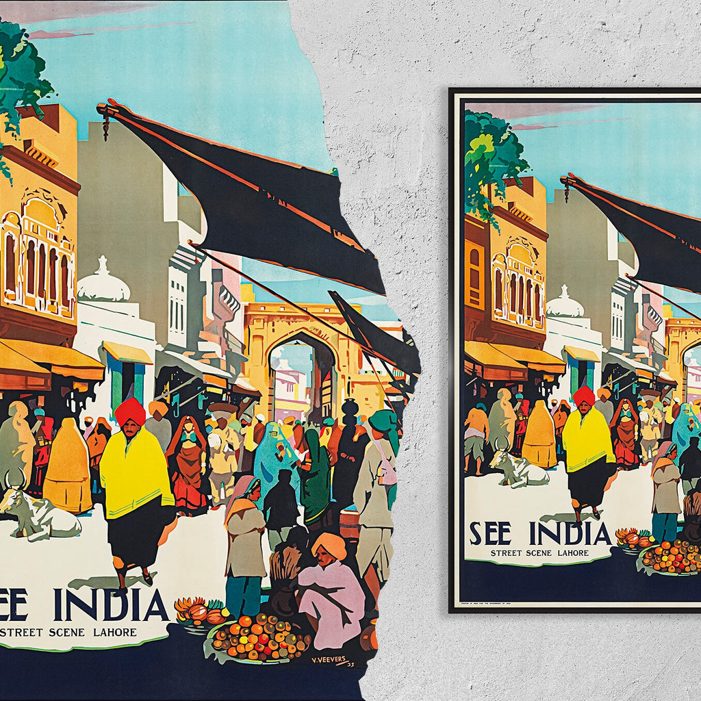 Vintage Fine Art Poster - A4, A1...20x30 Zoll... Straßenszene Lahore, See India - Vintage Reiseplakat