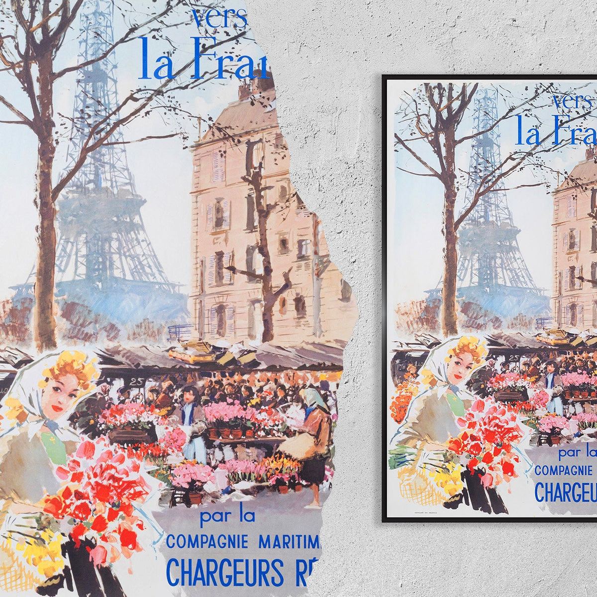 Hochauflösender Druck - A4, A3... 50x75 cm... Paris Eiffelturm Navigation, Boot, 1950, Frankreich - Vintage Reiseplakat