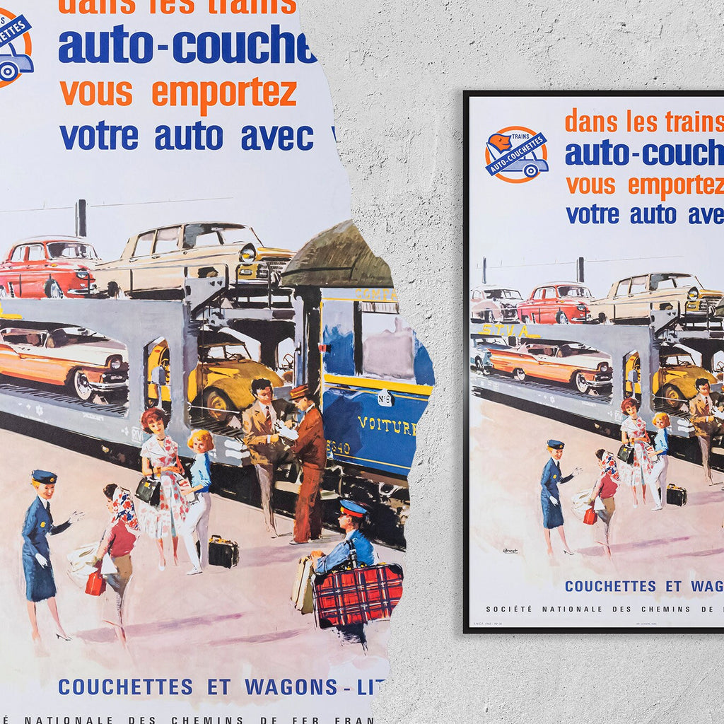Hochauflösender Druck - A4, A3... 20x30 Zoll... Schlafwagen, Autos, Zug, Eisenbahnen, Auto, 1963 - Vintage Reiseplakat