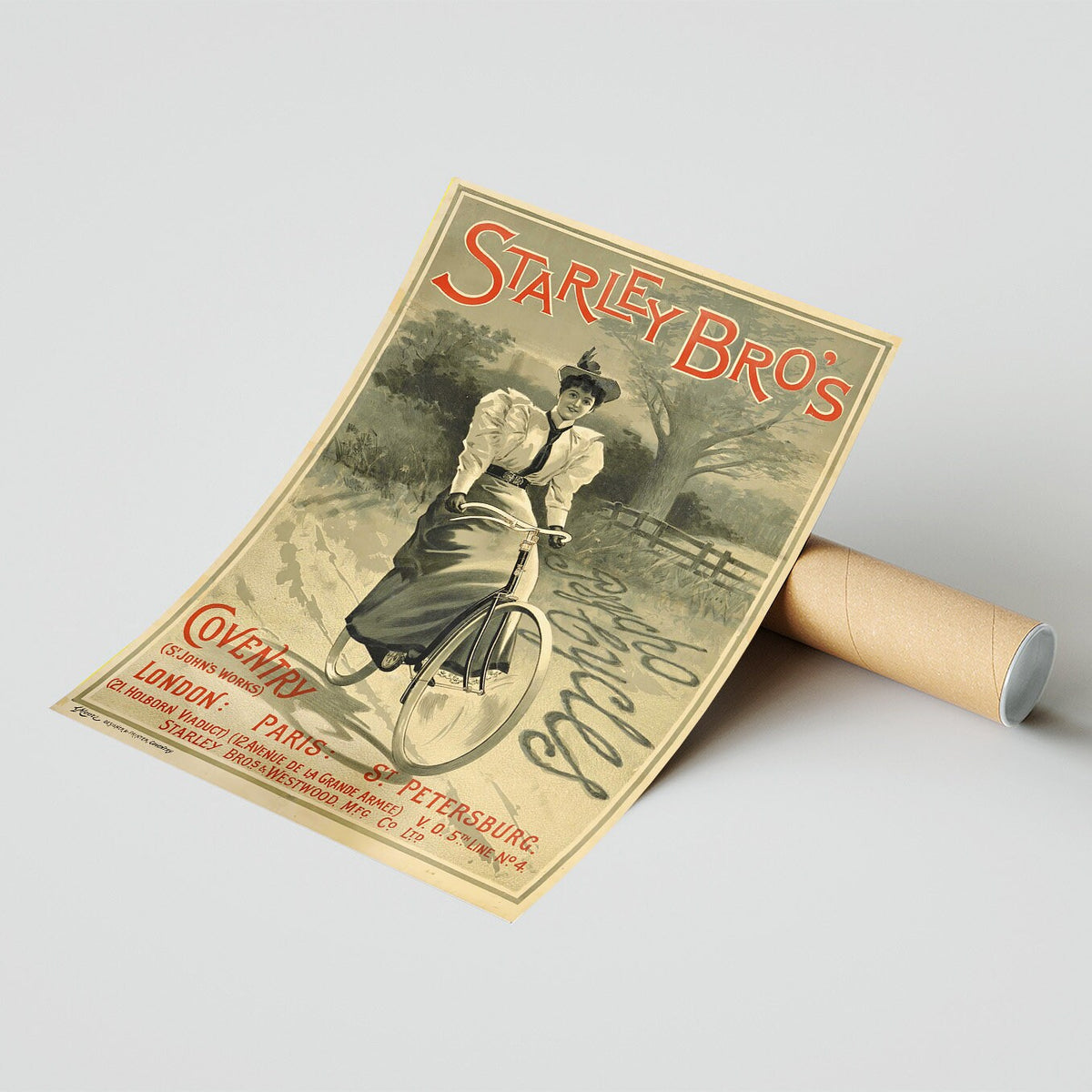 Hi-Res-Druck - A4, A3...20x30 Zoll... Starley Bros Psycho Cycles Coventry Fahrrad, 1890 - Antikes Werbeplakat