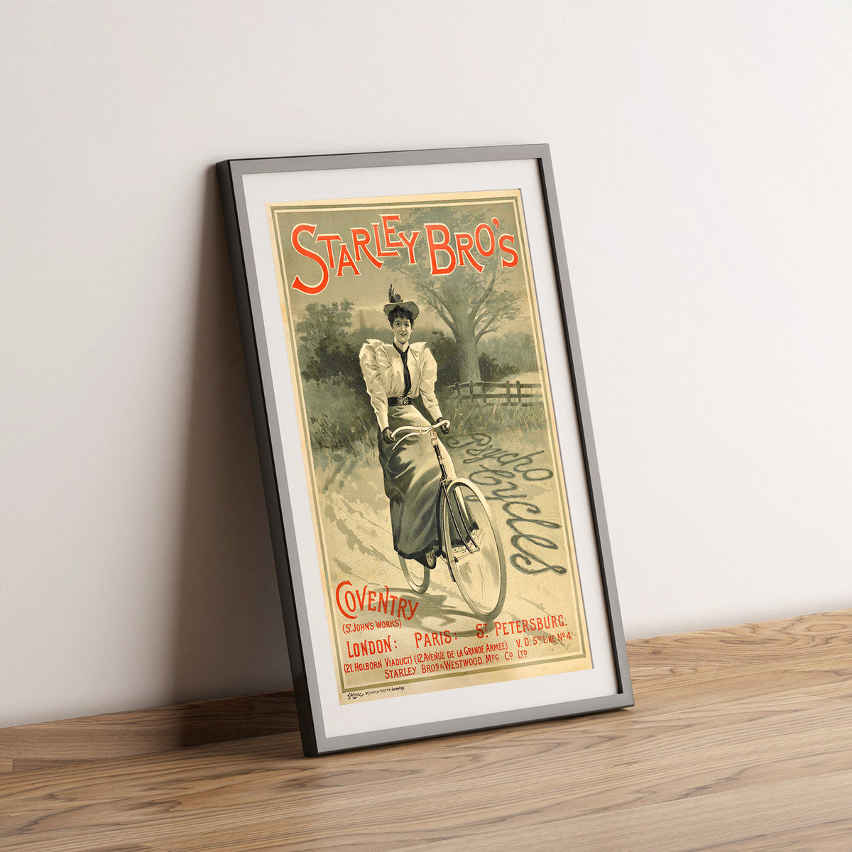 Hi-Res-Druck - A4, A3...20x30 Zoll... Starley Bros Psycho Cycles Coventry Fahrrad, 1890 - Antikes Werbeplakat