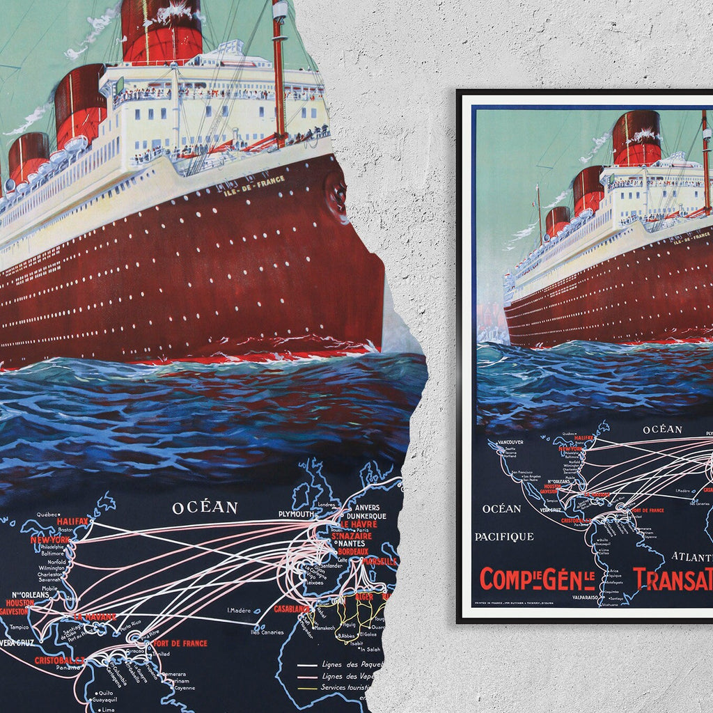 Hi-Res Druck - A4, A3...20x30 Zoll... Sebille Albert Compagnie Generale Transatlantique Paquebot Ile De France - Reiseboot Plakat
