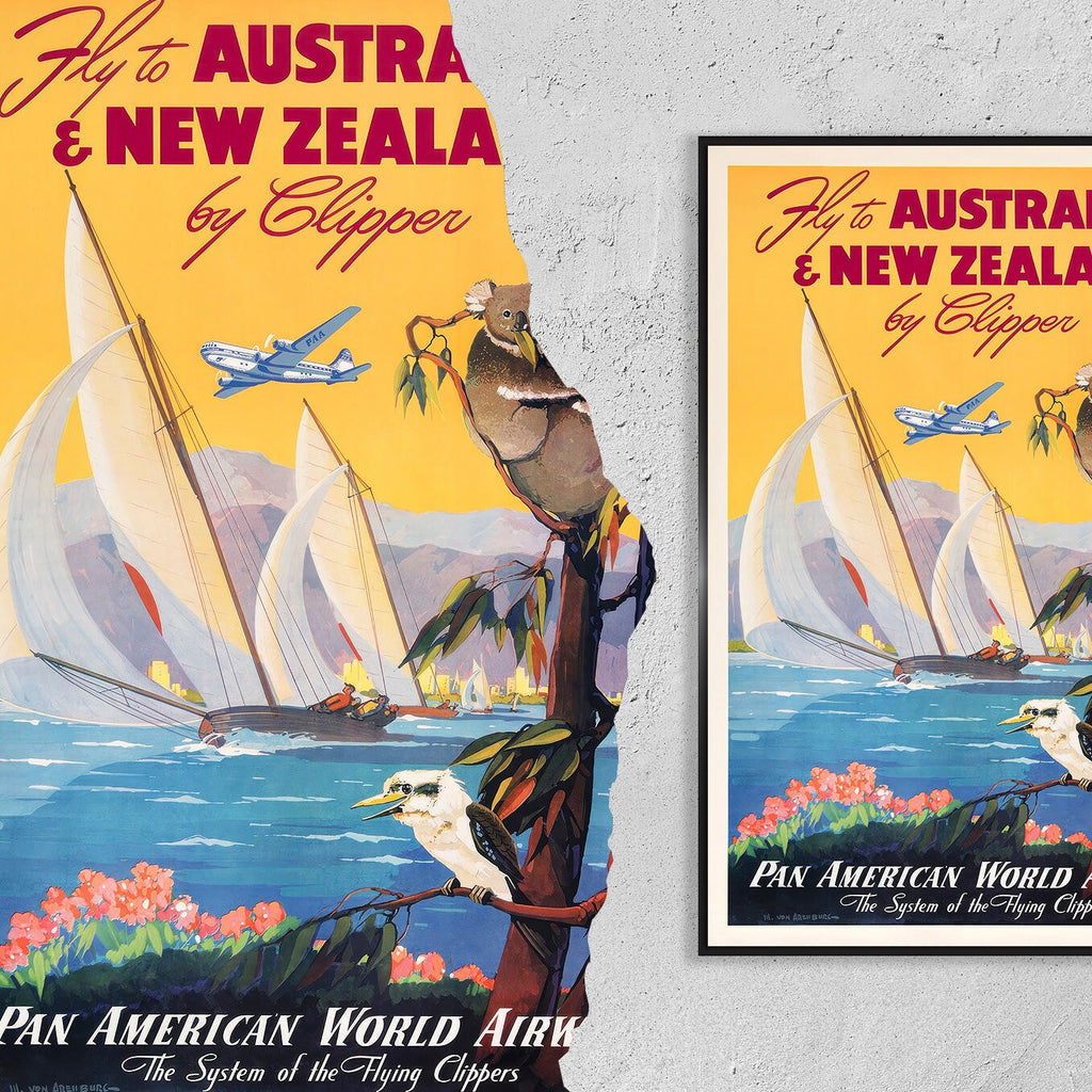 Vintage Fine Art Poster - A4, A1...20x30 Zoll... Pan American - Australien Neuseeland - Vintage Fluglinien-Druck