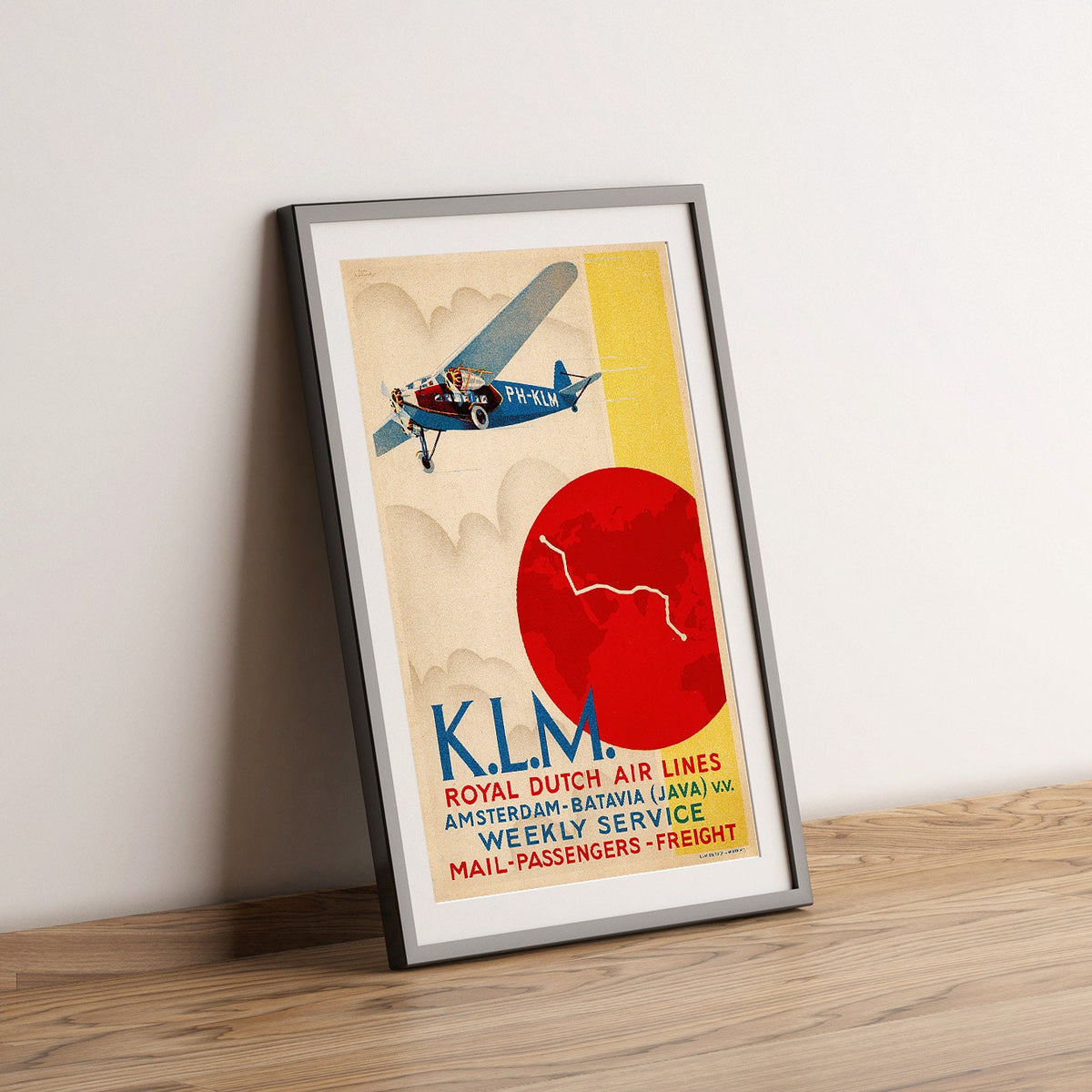 Vintage Kunstdruck-Poster – A4, A1...20x30 inch... K.L.M. Royal Dutch Air Line, Besuchen Sie Amsterdam-Batavia – Vintage Fluggesellschaften-Werbedruck