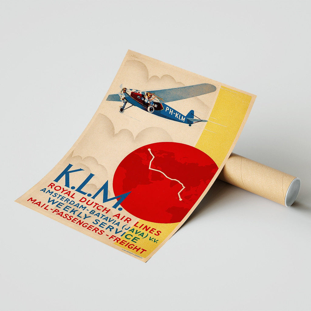 Vintage Kunstdruck-Poster – A4, A1...20x30 inch... K.L.M. Royal Dutch Air Line, Besuchen Sie Amsterdam-Batavia – Vintage Fluggesellschaften-Werbedruck
