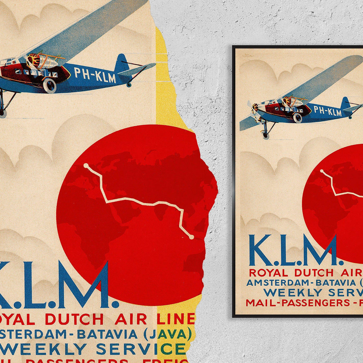 Vintage Kunstdruck-Poster – A4, A1...20x30 inch... K.L.M. Royal Dutch Air Line, Besuchen Sie Amsterdam-Batavia – Vintage Fluggesellschaften-Werbedruck