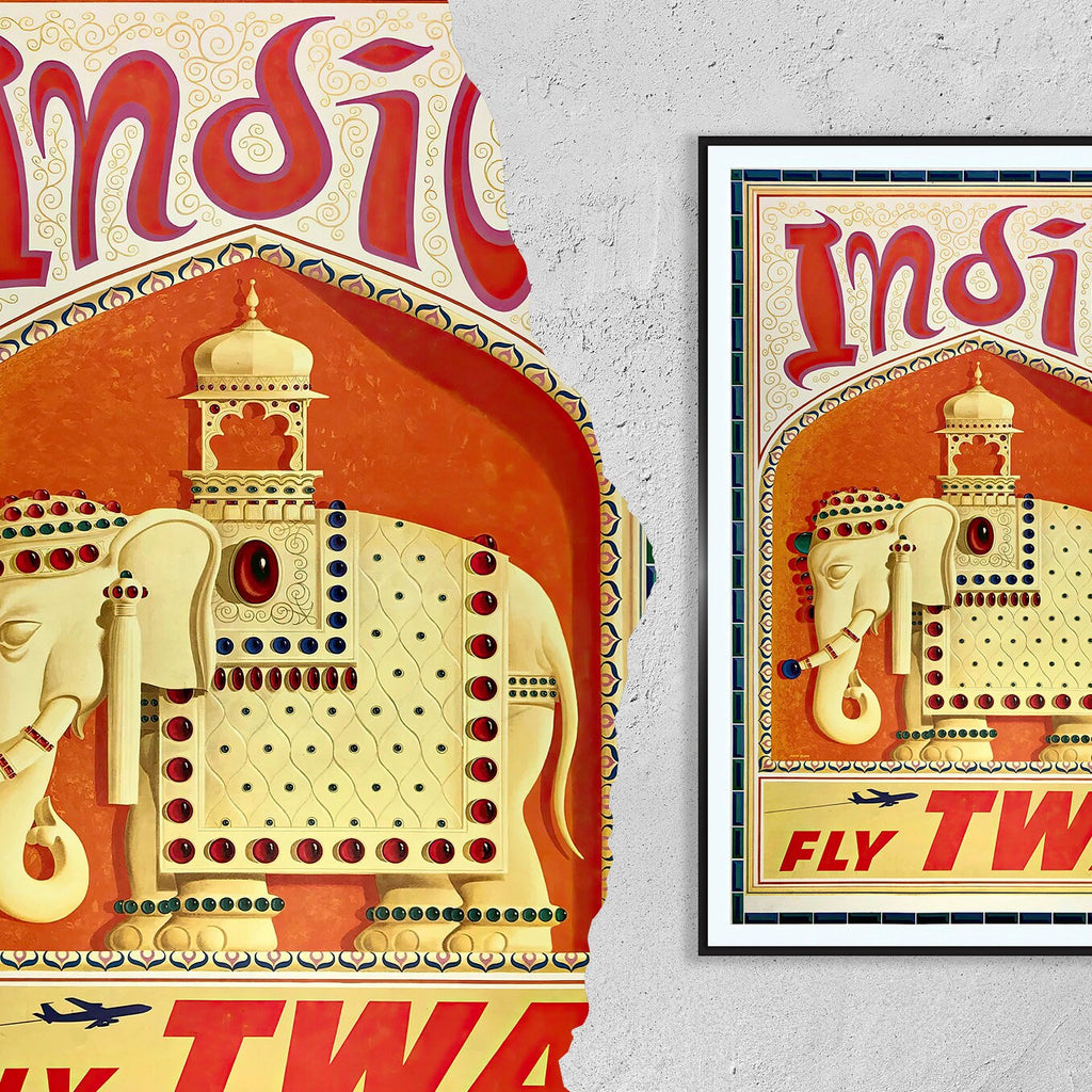 Hi-Res Druck - A4, A3...20x30 Zoll... Fly TWA, Visit India - Vintage Airline Poster