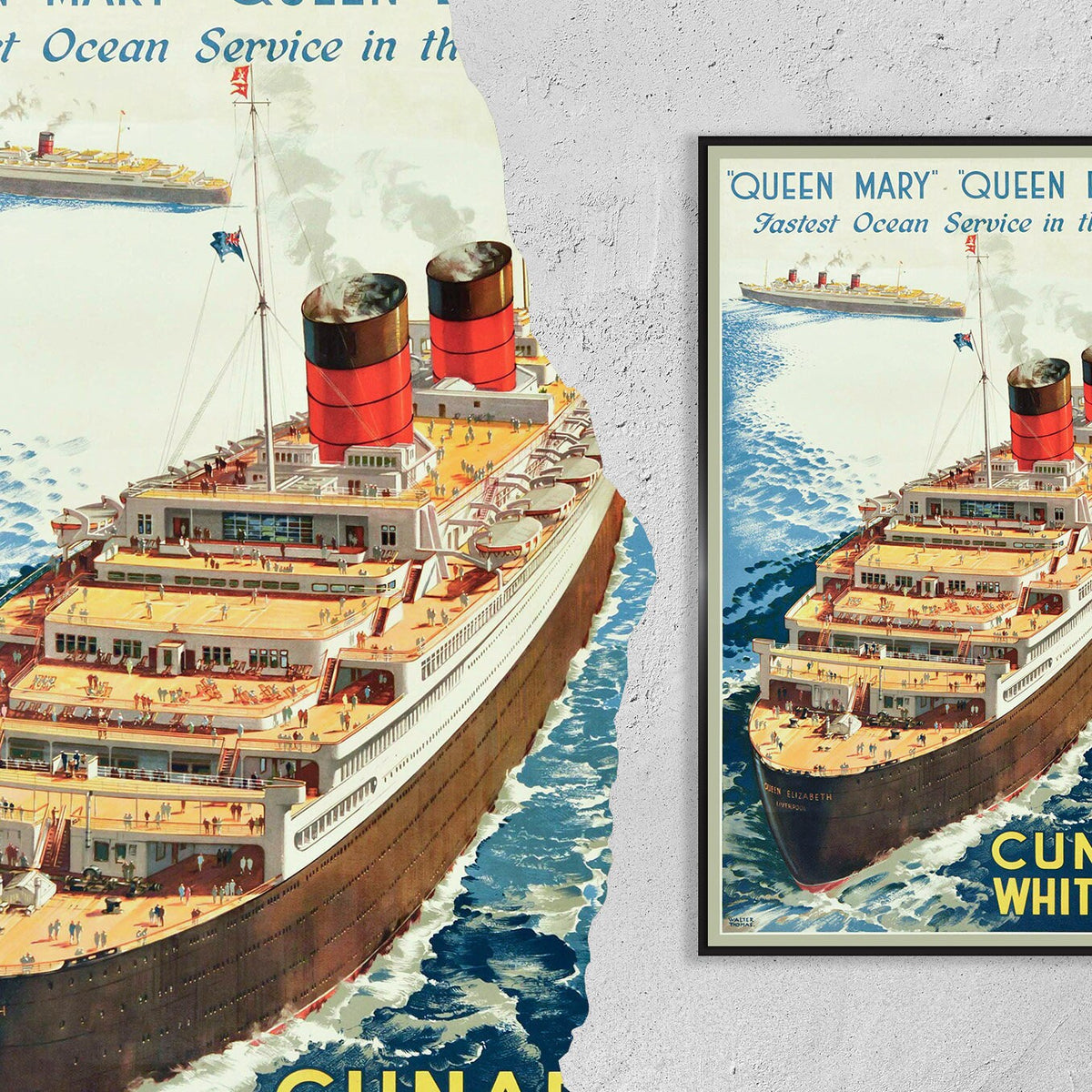Hi-Res Druck - A4, A3...20x30 Zoll... Queen Mary Queen Elizabeth, Cunard, White Star Ocean Liner, 1940 - Reiseboot-Poster