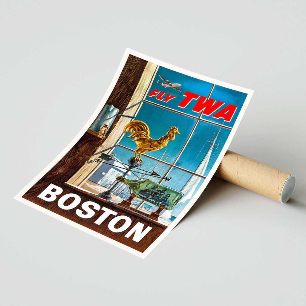 Vintage Fine Art Poster - A4, A1...20x30 Zoll... Fliegen Sie TWA, besuchen Sie Boston - Vintage Werbeplakat für Fluggesellschaften
