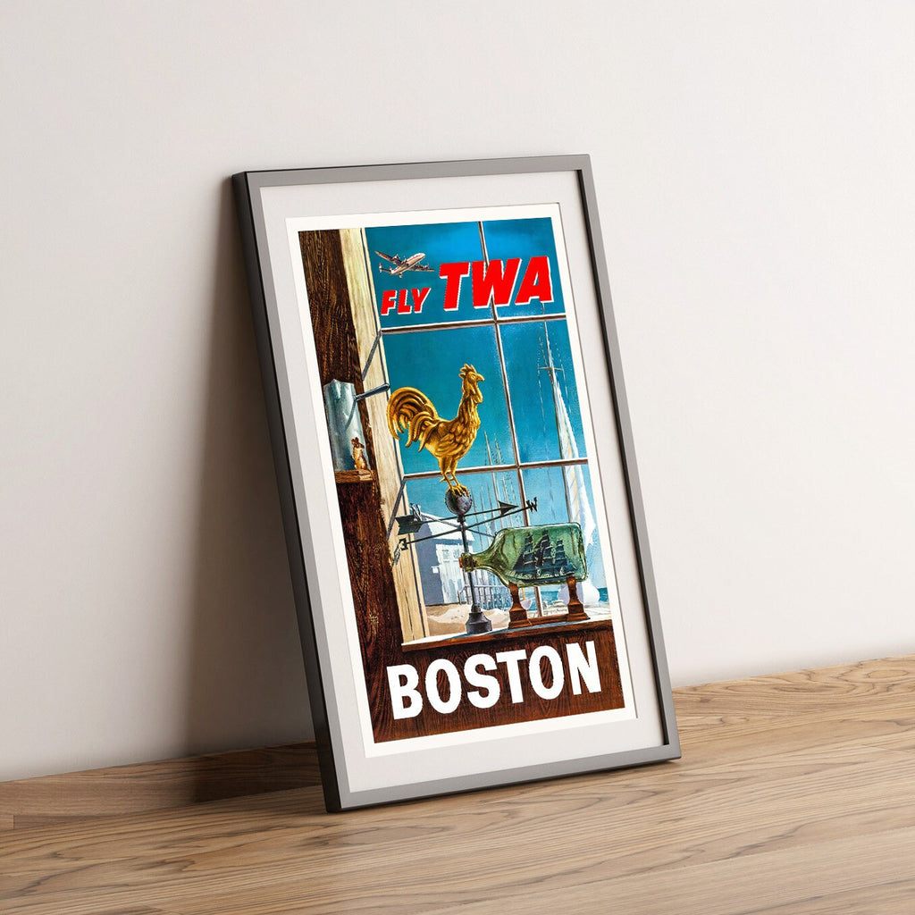 Vintage Fine Art Poster - A4, A1...20x30 Zoll... Fliegen Sie TWA, besuchen Sie Boston - Vintage Werbeplakat für Fluggesellschaften