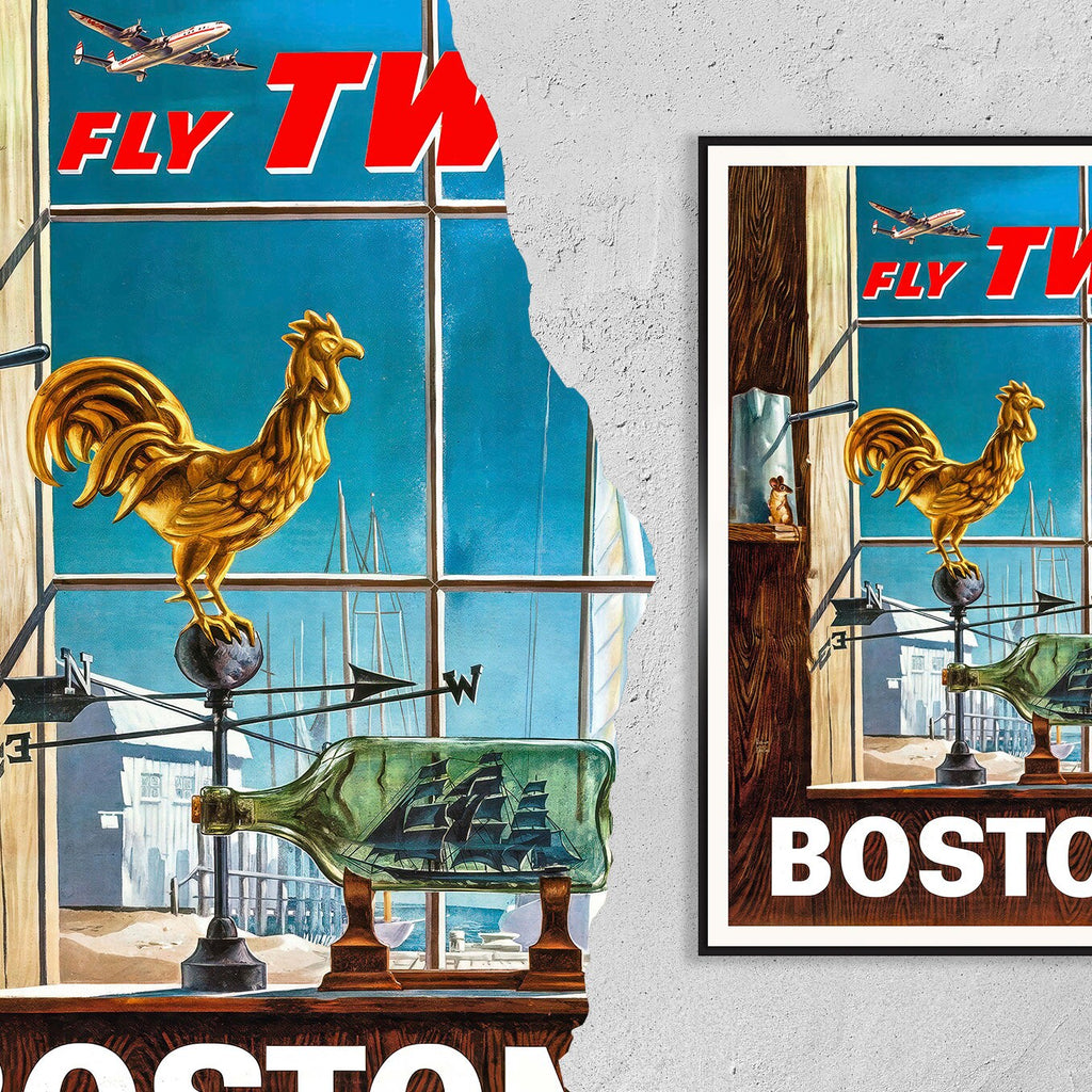 Vintage Fine Art Poster - A4, A1...20x30 Zoll... Fliegen Sie TWA, besuchen Sie Boston - Vintage Werbeplakat für Fluggesellschaften