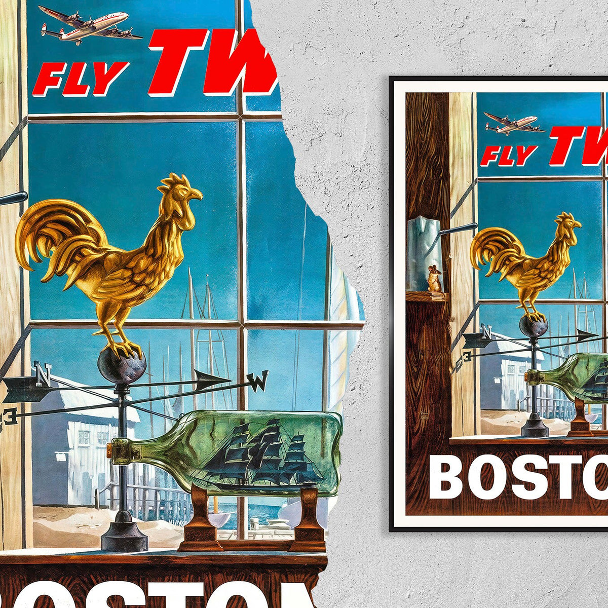Vintage Fine Art Poster - A4, A1...20x30 Zoll... Fliegen Sie TWA, besuchen Sie Boston - Vintage Werbeplakat für Fluggesellschaften