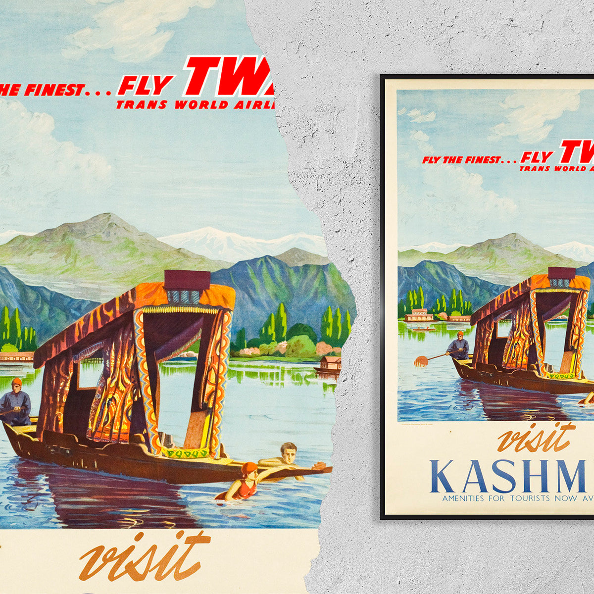 Vintage Kunstdruckposter – A4, A1... 20x30 Zoll... Fliege TWA, Besuche Kaschmir, Fliege mit den Besten, 1950 – Vintage-Werbung Fluggesellschaften-Druck