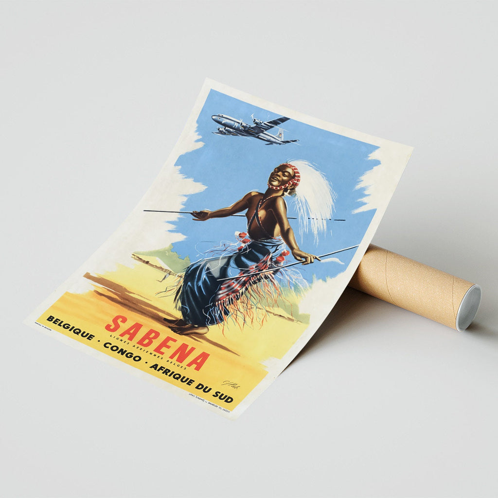 Vintage Fine Art Poster – A4, A1...20x30 inch... Sabena, Lignes aériennes belges, Belgique, Kongo, Südafrika, 1952 – Fluglinien-Druck