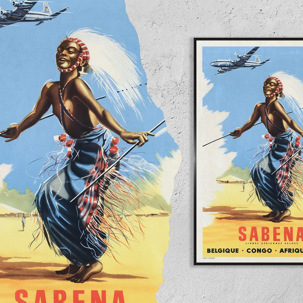 Vintage Fine Art Poster – A4, A1...20x30 inch... Sabena, Lignes aériennes belges, Belgique, Kongo, Südafrika, 1952 – Fluglinien-Druck
