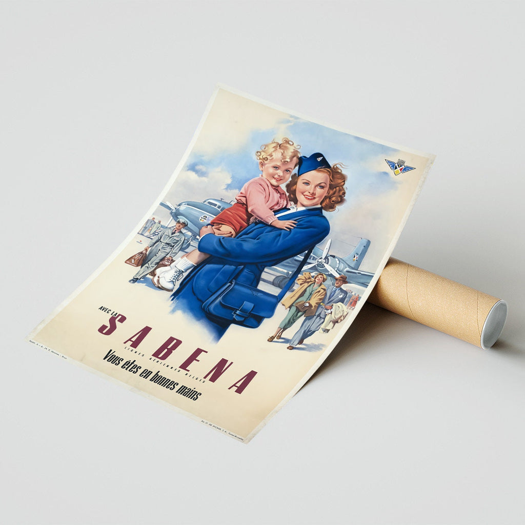 Vintage Kunstdruck - A4, A1...20x30 Zoll... Mit Sabena sind Sie in guten Händen, 1950 - Airline Print