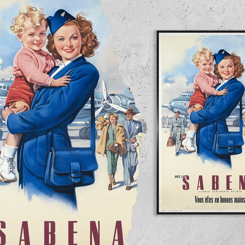 Vintage Kunstdruck - A4, A1...20x30 Zoll... Mit Sabena sind Sie in guten Händen, 1950 - Airline Print