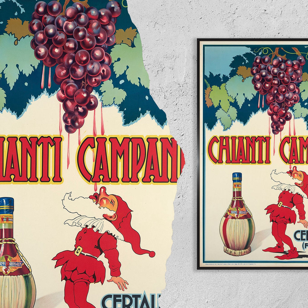 Hochauflösender Druck - A4, A3...20x30 Zoll... Chianti Campani, berühmter italienischer Rotwein, Certaldo (Florenz), 1940 - Vintage-Getränkeplakat