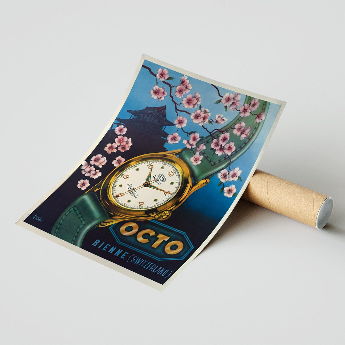 Vintage-Kunstdruckplakat – A4, A1...20x30 Zoll... Octo, Biel, Schweiz, Stuki, 1950 – Vintage-Uhrenwerbedruck