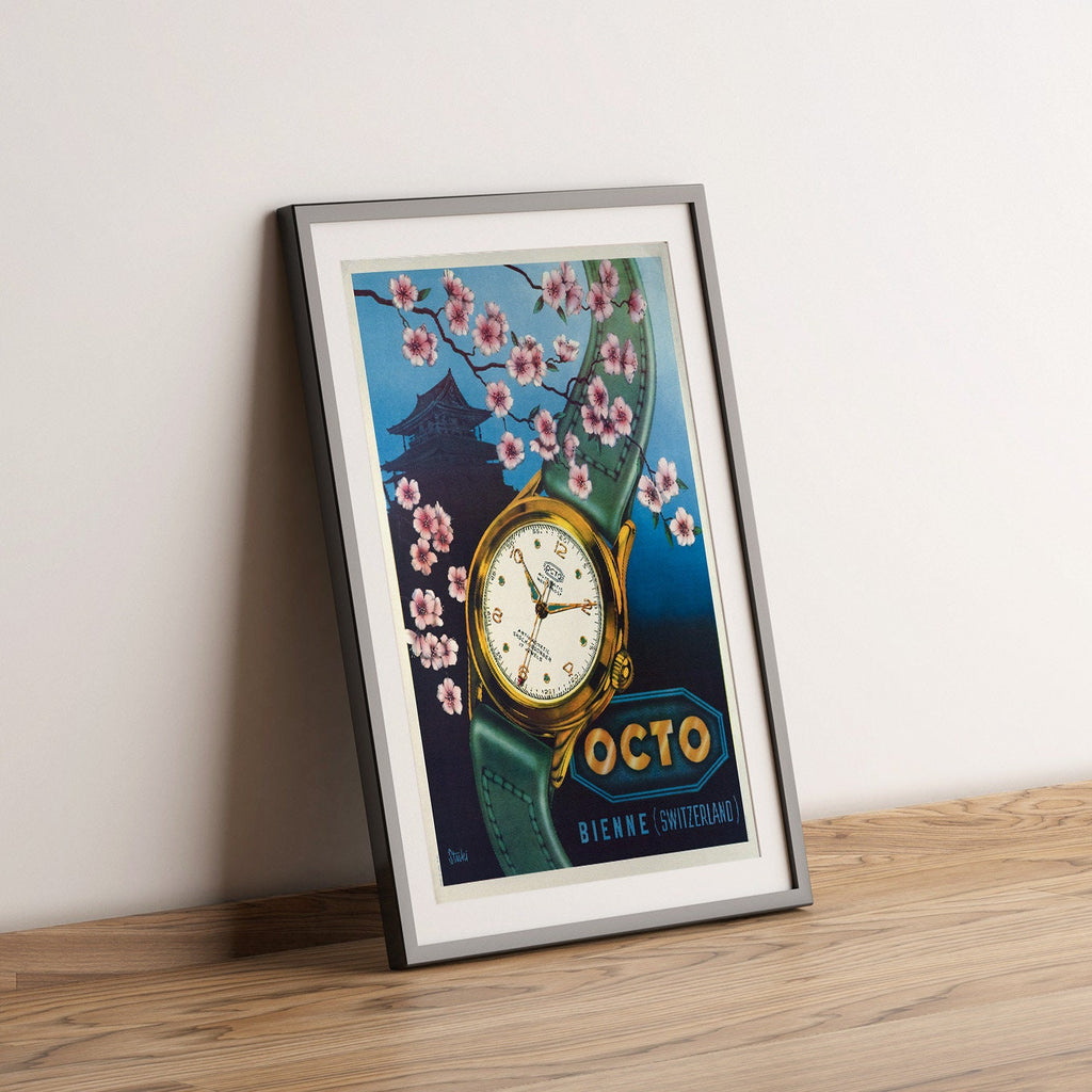 Vintage-Kunstdruckplakat – A4, A1...20x30 Zoll... Octo, Biel, Schweiz, Stuki, 1950 – Vintage-Uhrenwerbedruck
