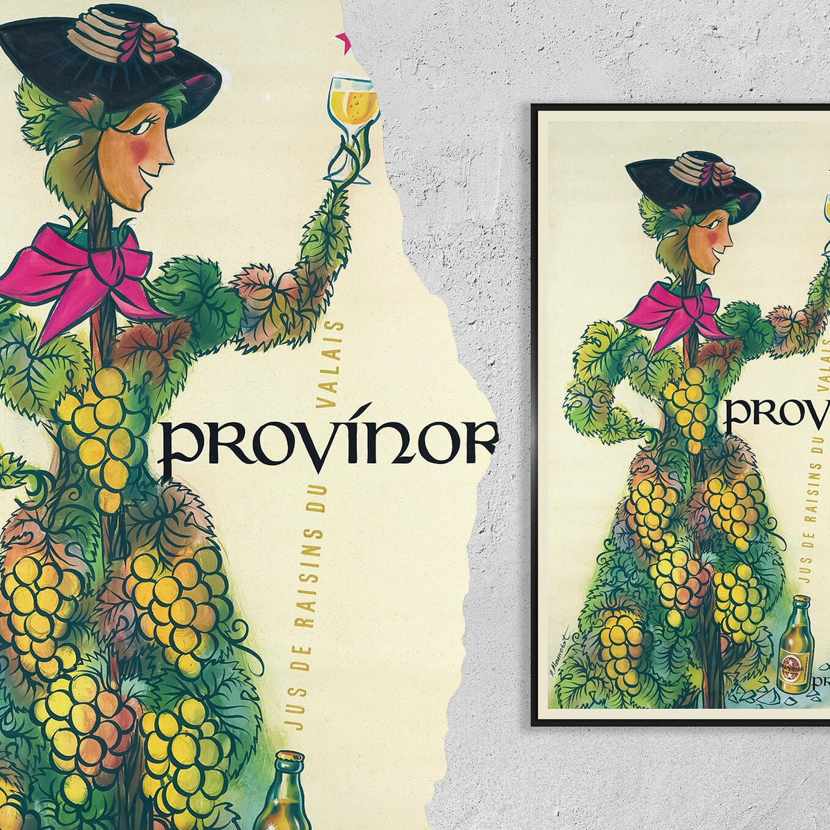Hochauflösender Druck - A4, A3...20x30 Zoll... Provinor, Jus de raisins du Valais, Juice Raisin Provins, 1951 - Vintage Getränke Poster