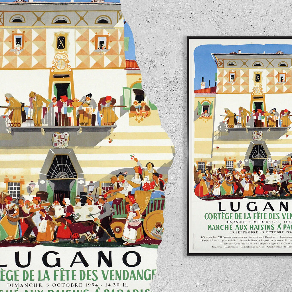 Hi-Res Print - A4, A3...20x30 inch... Lugano, cortège de la fête des vendanges, marché aux raisins à Paradisio, 1954 - Vintage Getränke Poster