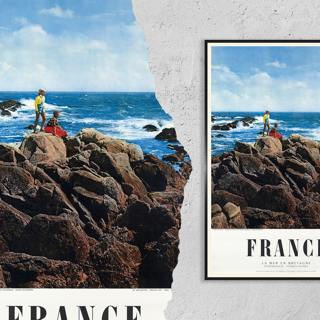 Vintage Kunstdruckposter - A4, A1...20x30 Zoll.. Reise durch Frankreich, Das Meer in der Bretagne, Ploumanac'h Perros-Guirec, Frankreich, 1955 - Reisedruck