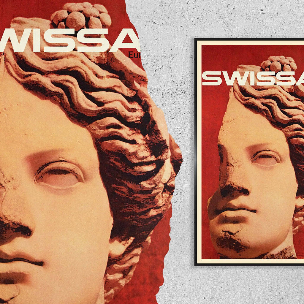 Hochauflösender Druck - A4, A3...20x30 Zoll... Reise Luftfahrt, Schweiz Statue Swissair Europa, 1964 - Vintage Werbeplakat Airline