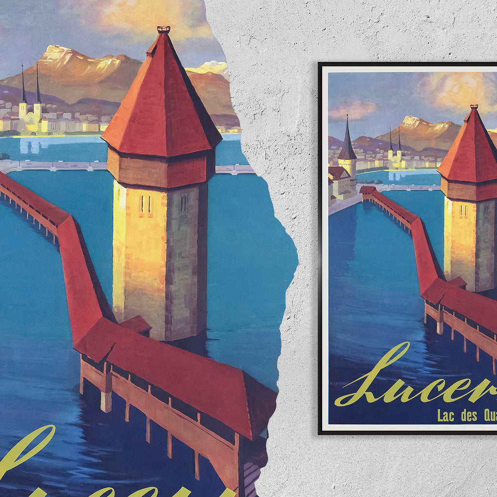 Hochauflösender Druck – A4, A3...20x30 Zoll... Schweizer Reisen, Architektur Luzern, Seeberg, Vierwaldstättersee, Schweiz Brücke, 1936