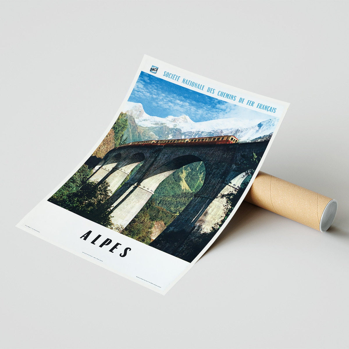 Hohe Auflösung Druck - A4, A3...76x102 cm.. Reisen in Frankreich, Gebirgsbahnen Alpenbrücke, Mont-Blanc Savoyen, SNCF, 1960 - Vintage Reiseplakat