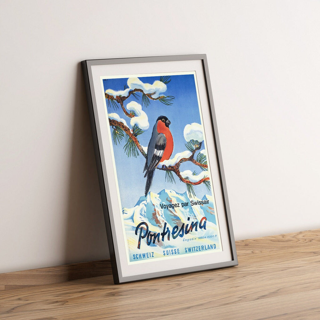 Hochauflösender Druck - A4, A3...20x30 Zoll... Winter in Pontresina im Engadin, Voyagez par Swissair, 1952 - Vintage Werbeplakat einer Fluggesellschaft